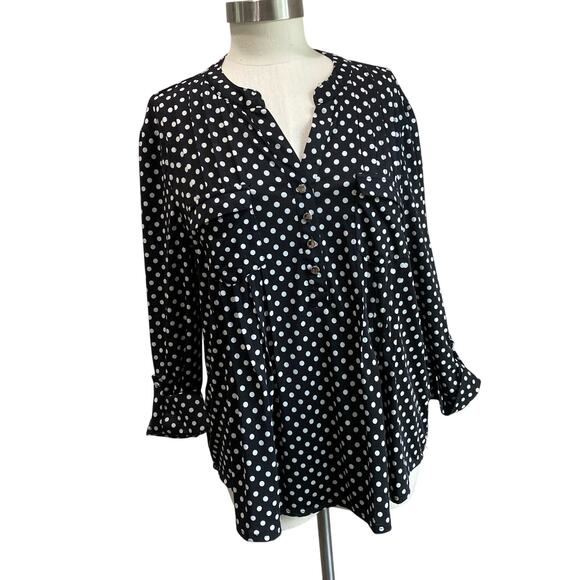 COCOMO Beautiful Black/White Polka Dot Tunic Blouse Pintuck Pleated Petite XL - Picture 1 of 9